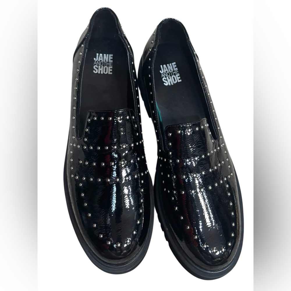 JANE AND THE SHOE Black studded loafers “Elana” size 10